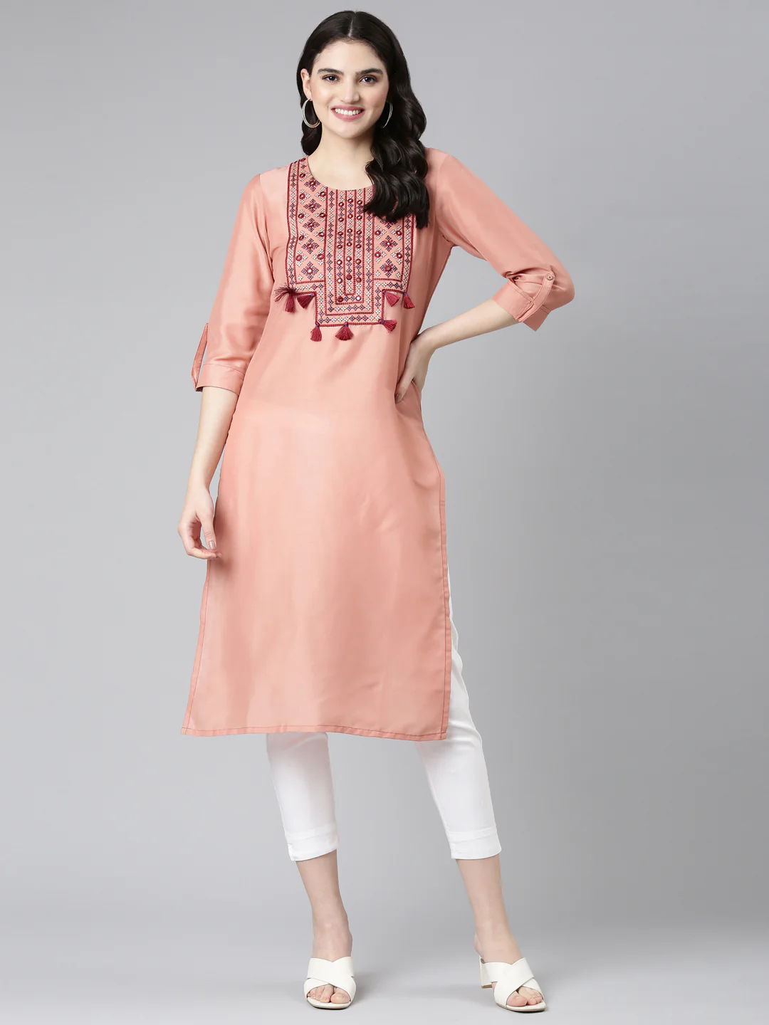 Neerus Peach Regular Straight Embroidered Kurta - Image 5