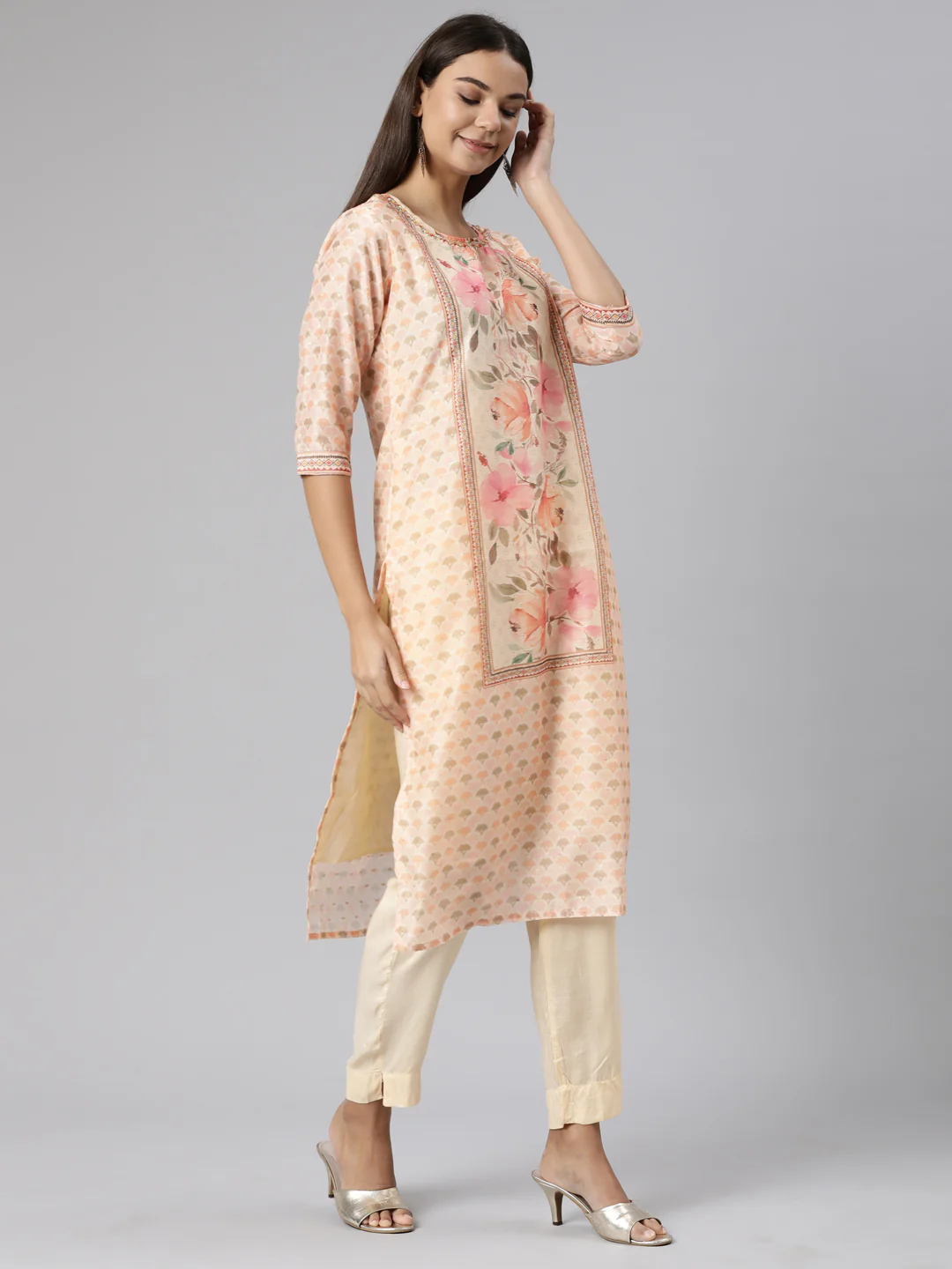 Neerus Peach Regular Straight Floral Kurta And Trousers With Dupatta - Image 2