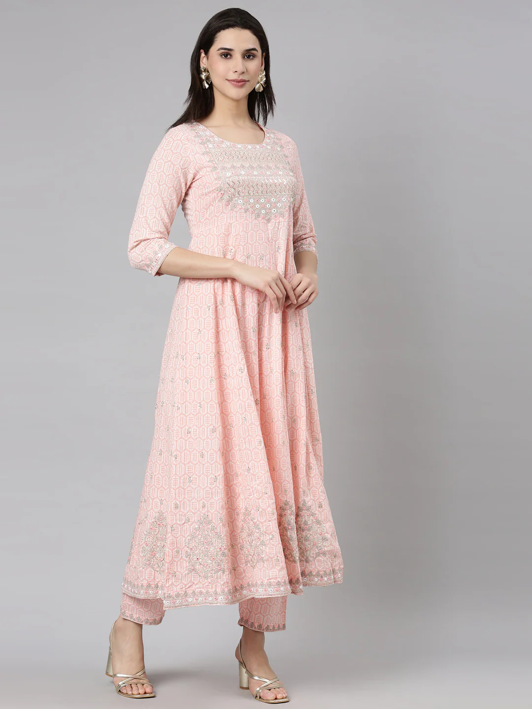 Neerus Peach Regular Straight Floral Kurta And Trousers With Dupatta - Image 2