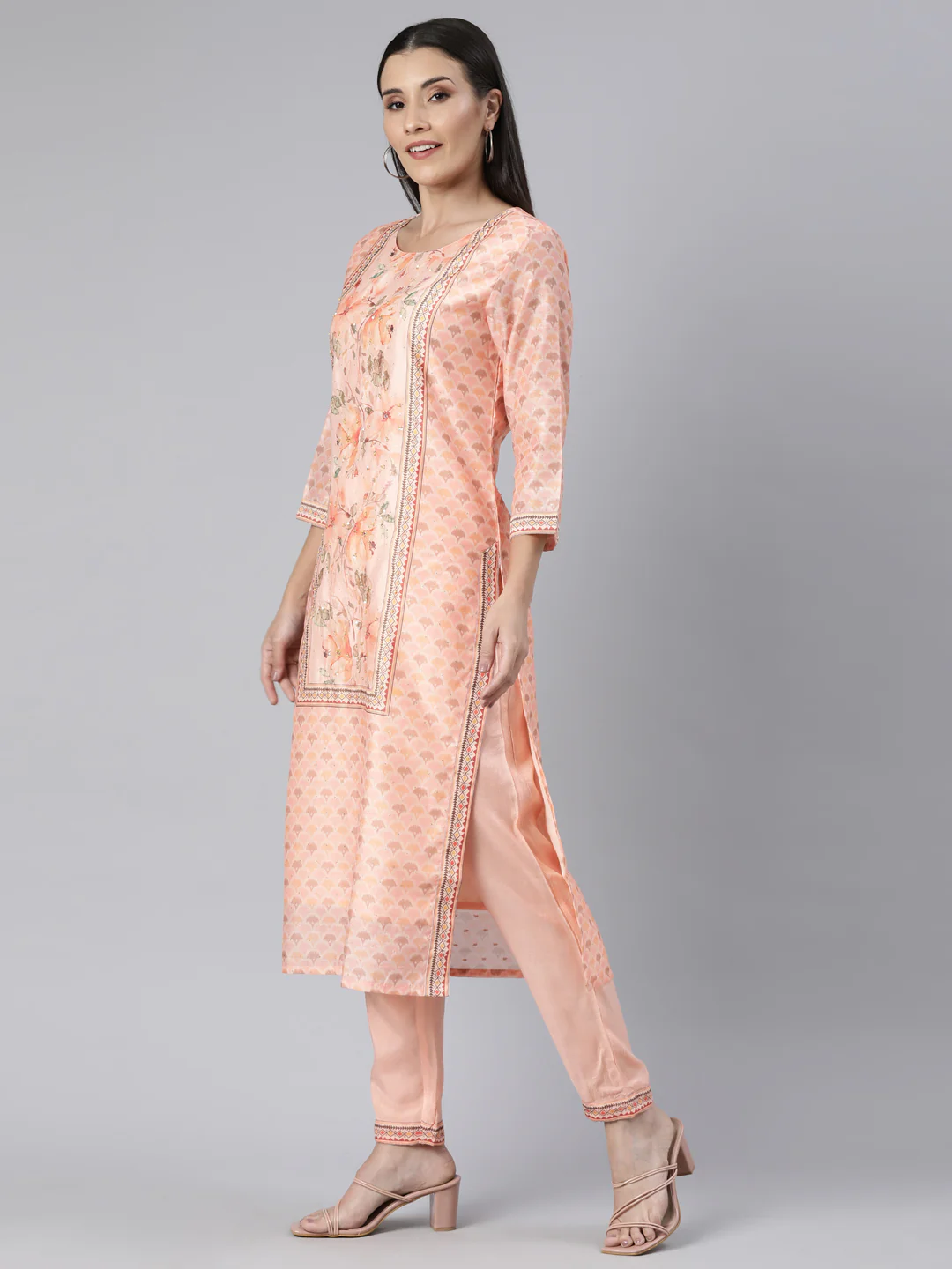 Neerus Peach Regular Straight Floral Kurta And Trousers With Dupatta - Image 2