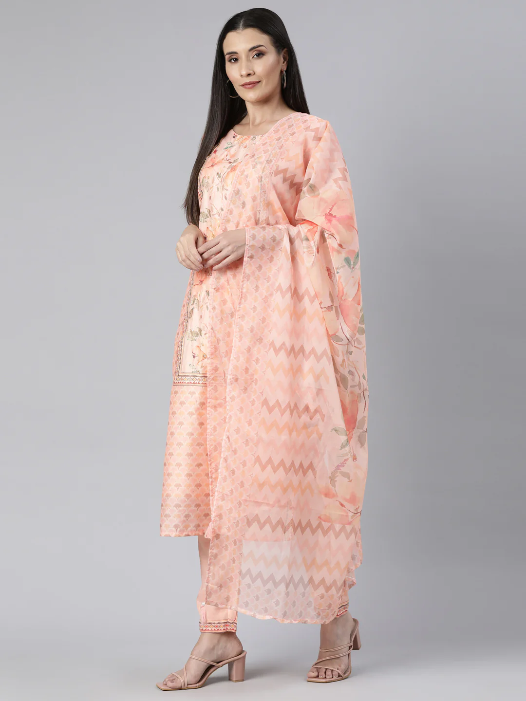 Neerus Peach Regular Straight Floral Kurta And Trousers With Dupatta - Image 4