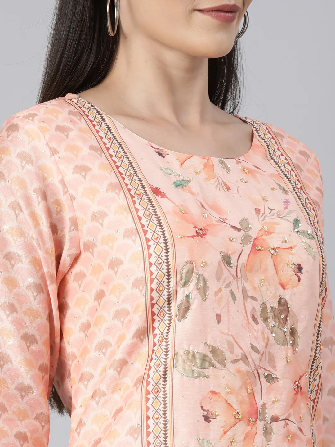 Neerus Peach Regular Straight Floral Kurta And Trousers With Dupatta - Image 7