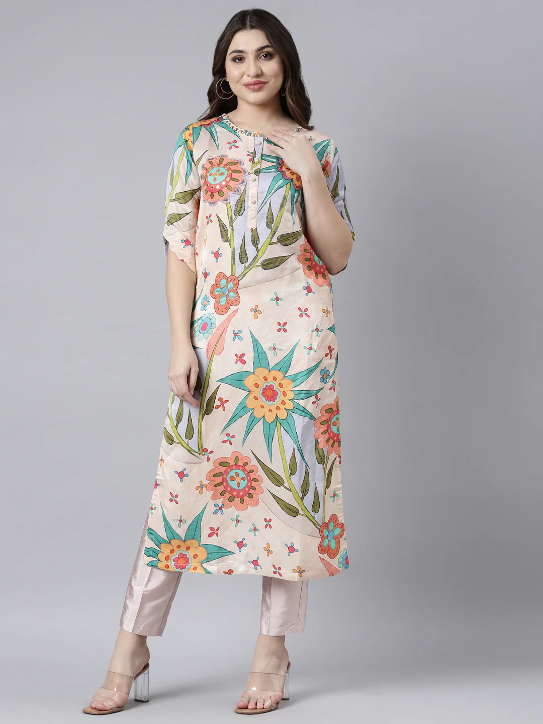 Neerus Peach Regular Straight Floral Kurta