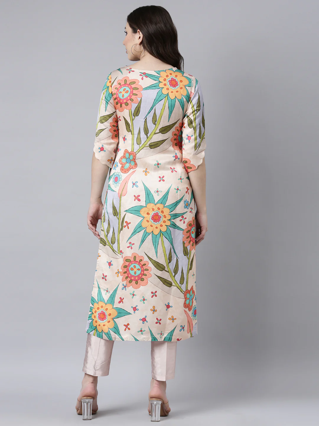 Neerus Peach Regular Straight Floral Kurta - Image 3