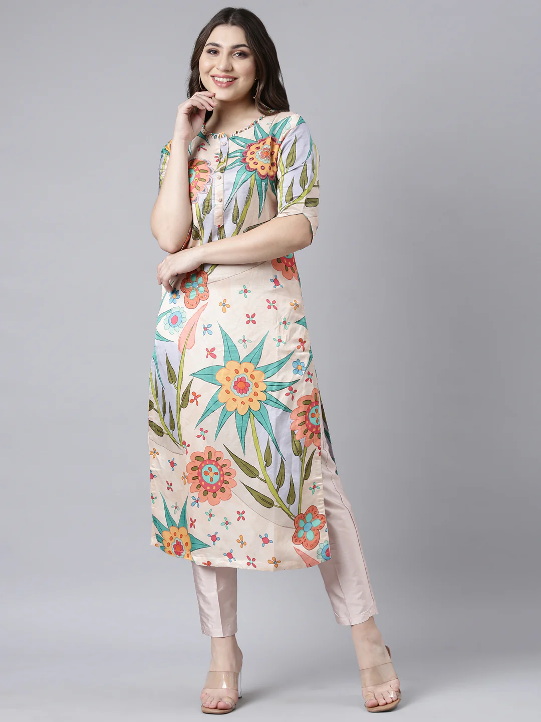 Neerus Peach Regular Straight Floral Kurta - Image 5