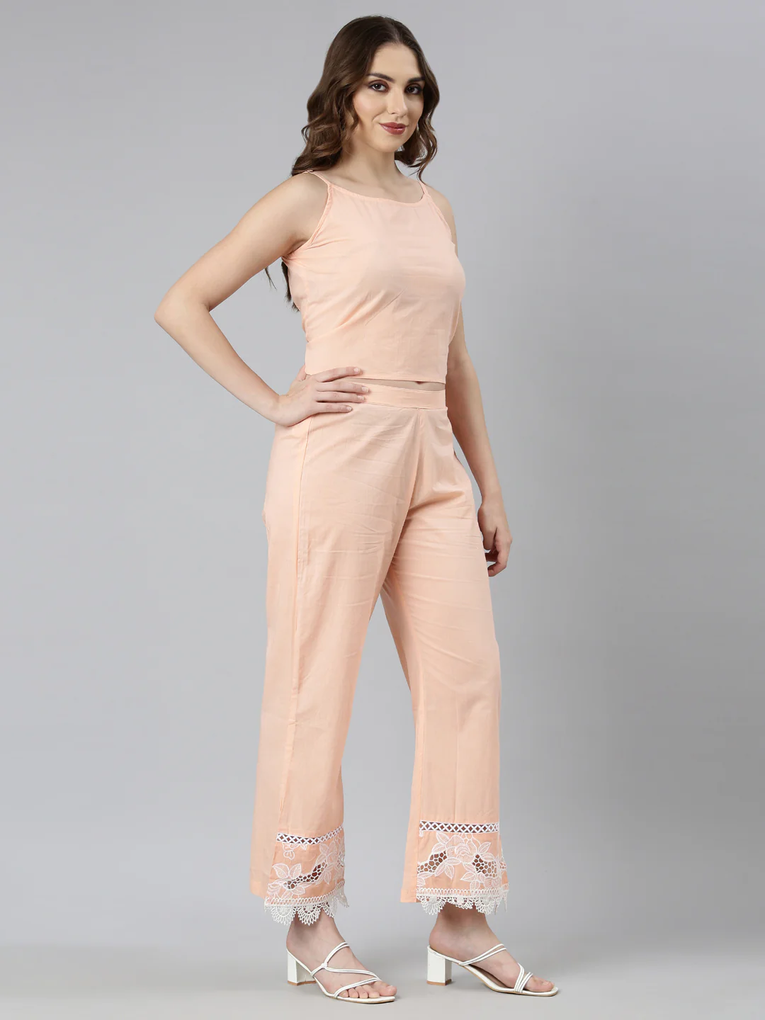 Neerus Peach Regular Straight Floral Kurti And Trousers - Image 2