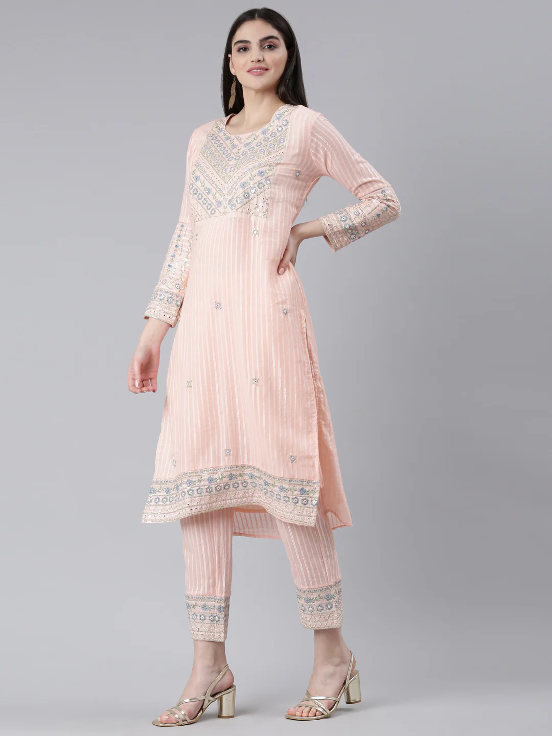 Neerus Peach Regular Straight Printed Kurta And Trousers With Dupatta - Image 2