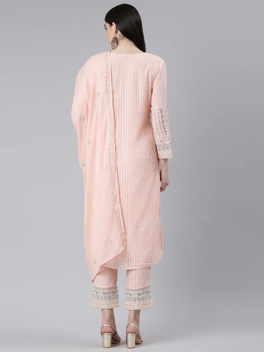 Neerus Peach Regular Straight Printed Kurta And Trousers With Dupatta - Image 3