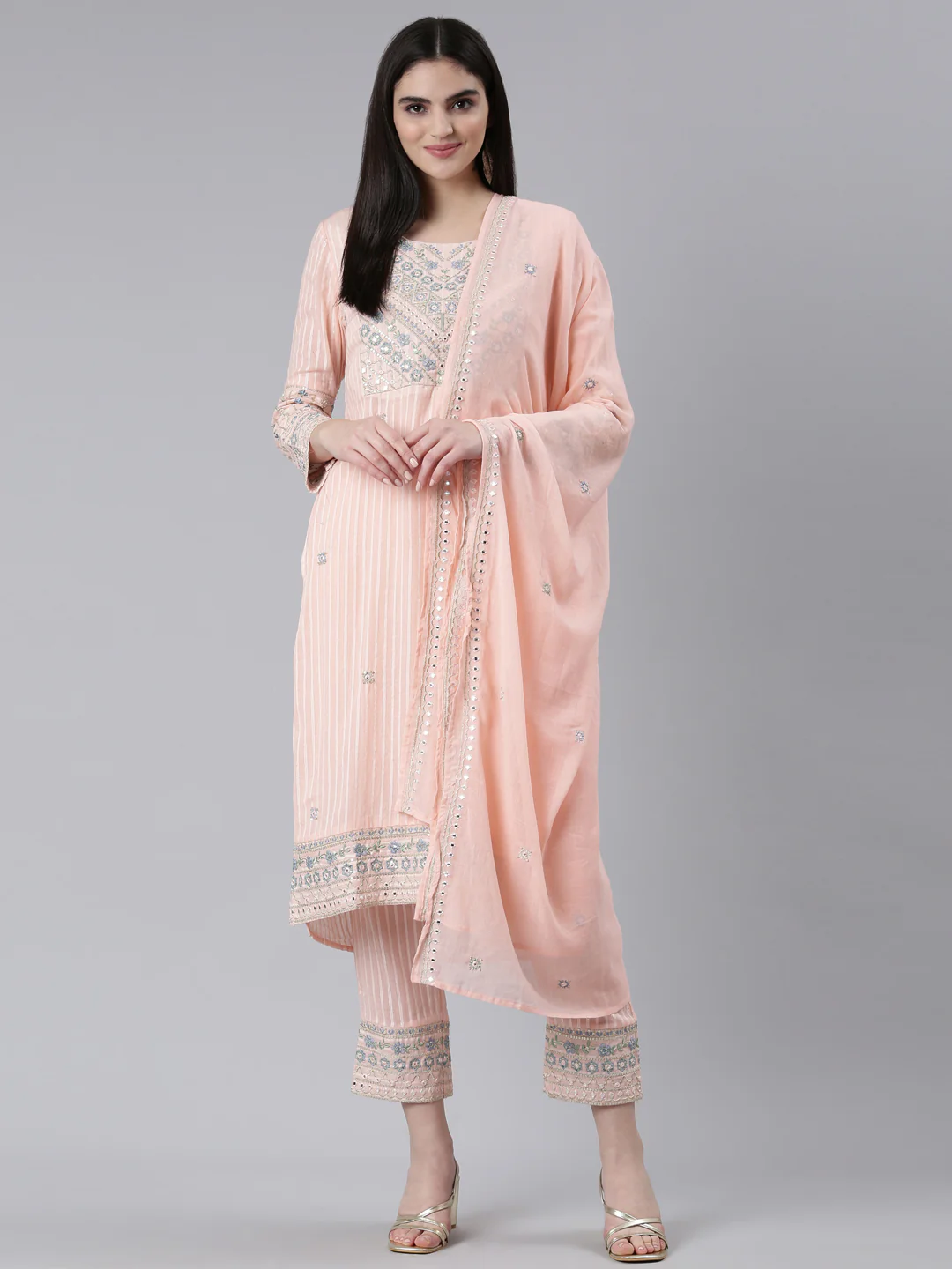 Neerus Peach Regular Straight Printed Kurta And Trousers With Dupatta - Image 5