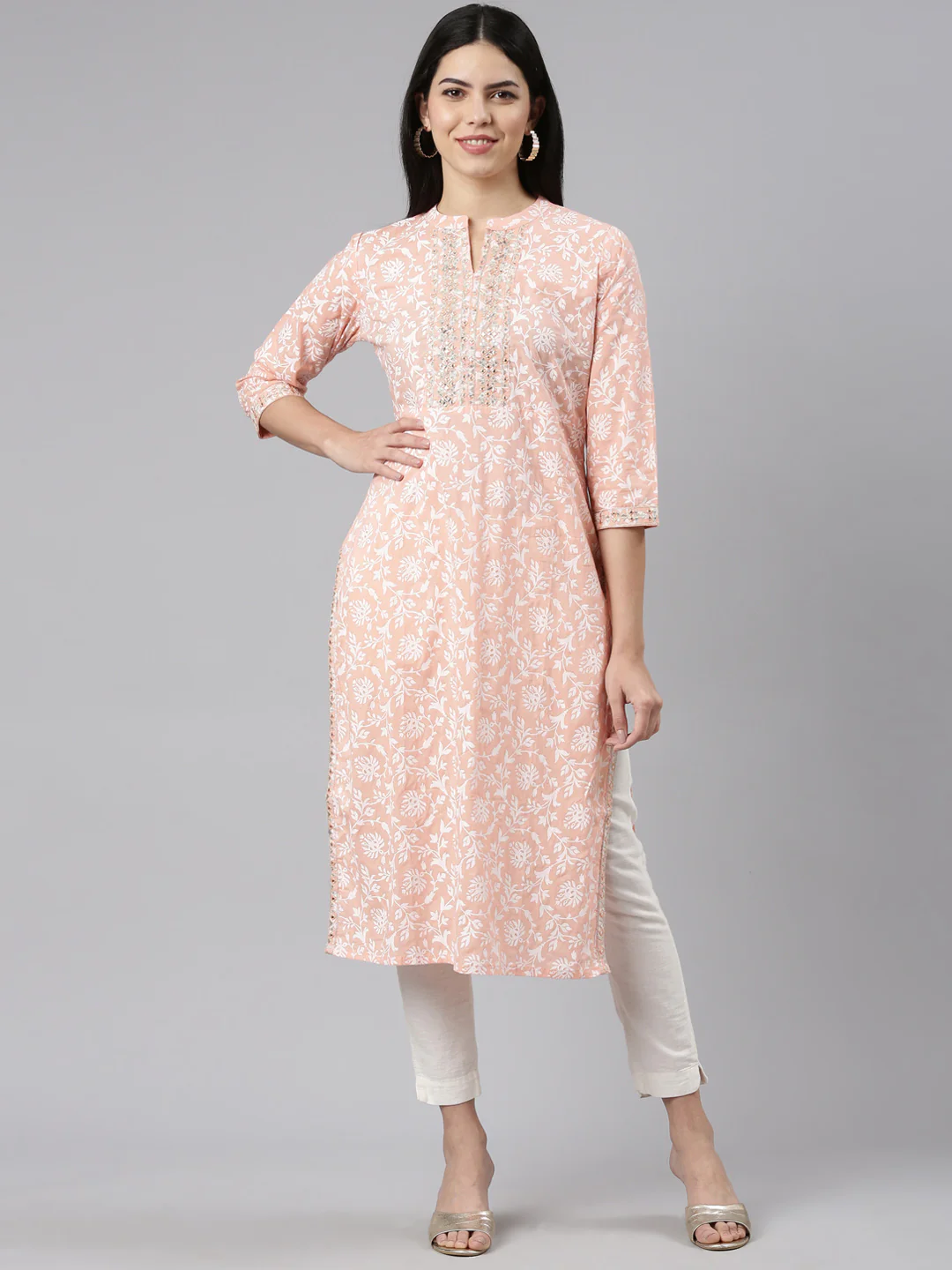 Neerus Peach Regular Straight Printed Kurta