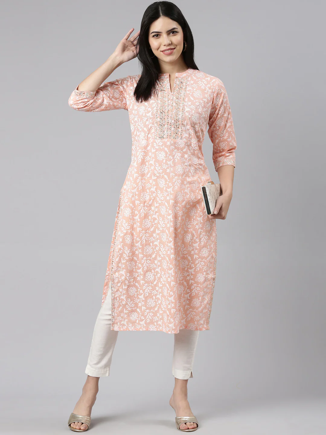 Neerus Peach Regular Straight Printed Kurta - Image 5