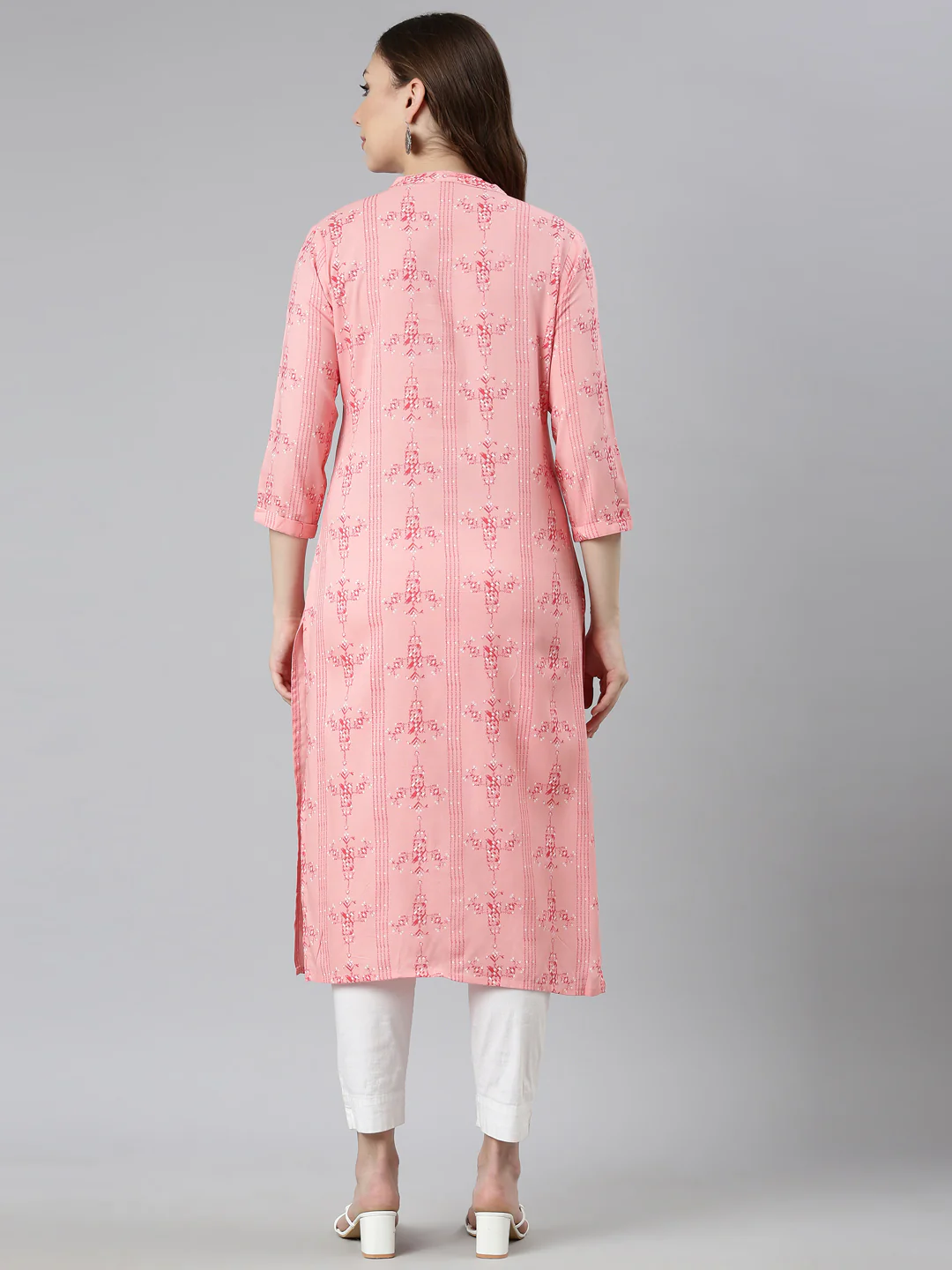 Neerus Peach Regular Straight Woven Design Kurta - Image 3