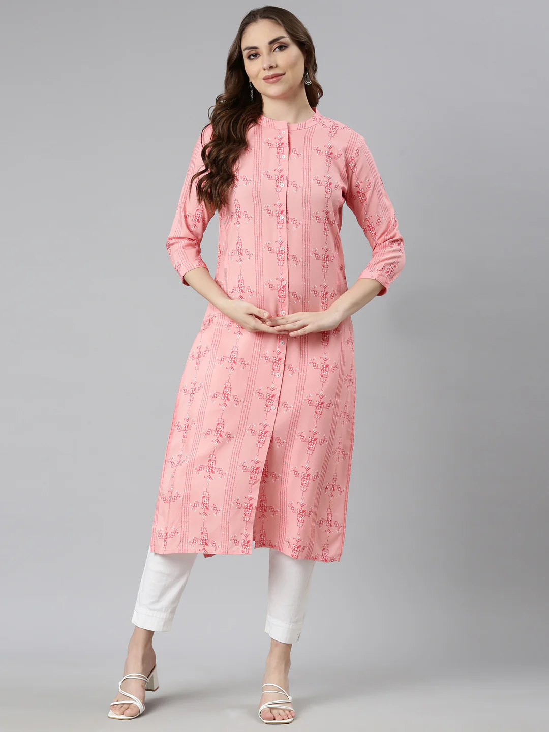 Neerus Peach Regular Straight Woven Design Kurta - Image 4