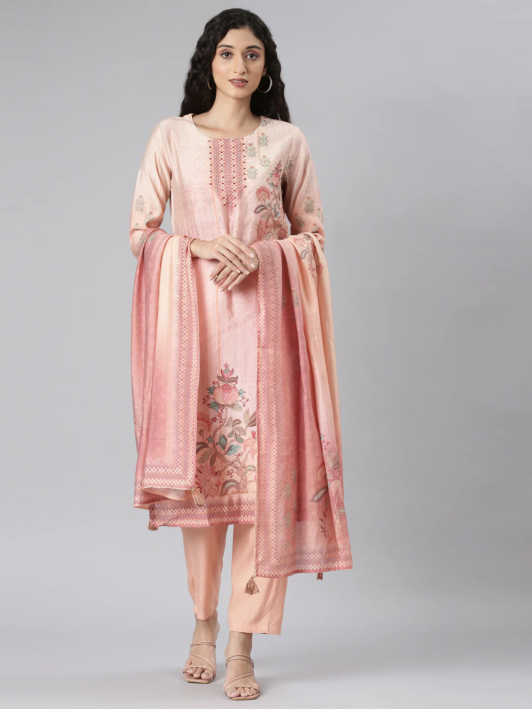 Neerus Peach Straight Casual Floral Kurta and Trouser with Dupatta