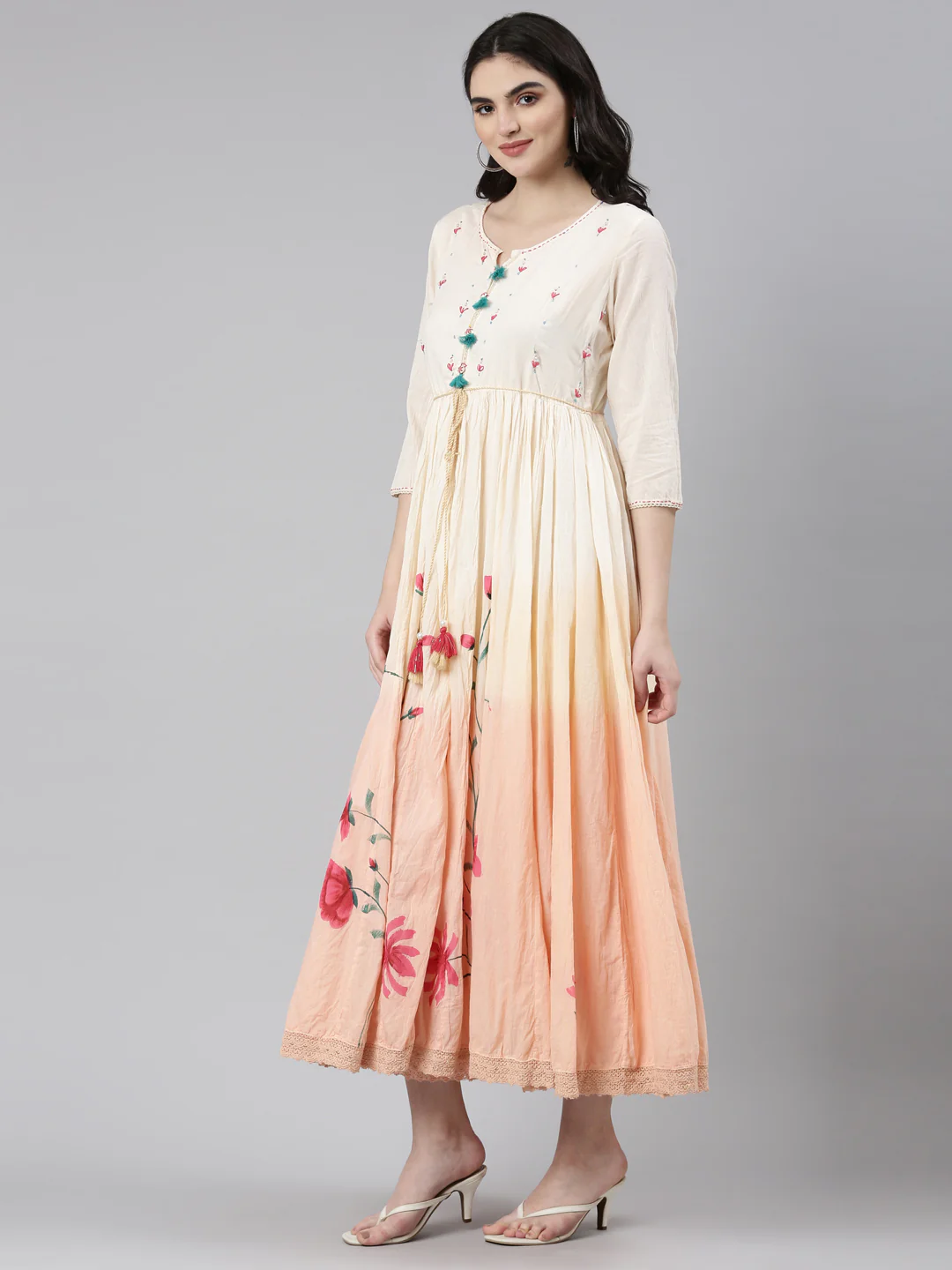 Neerus Peach Straight Casual Printed Gown - Image 2
