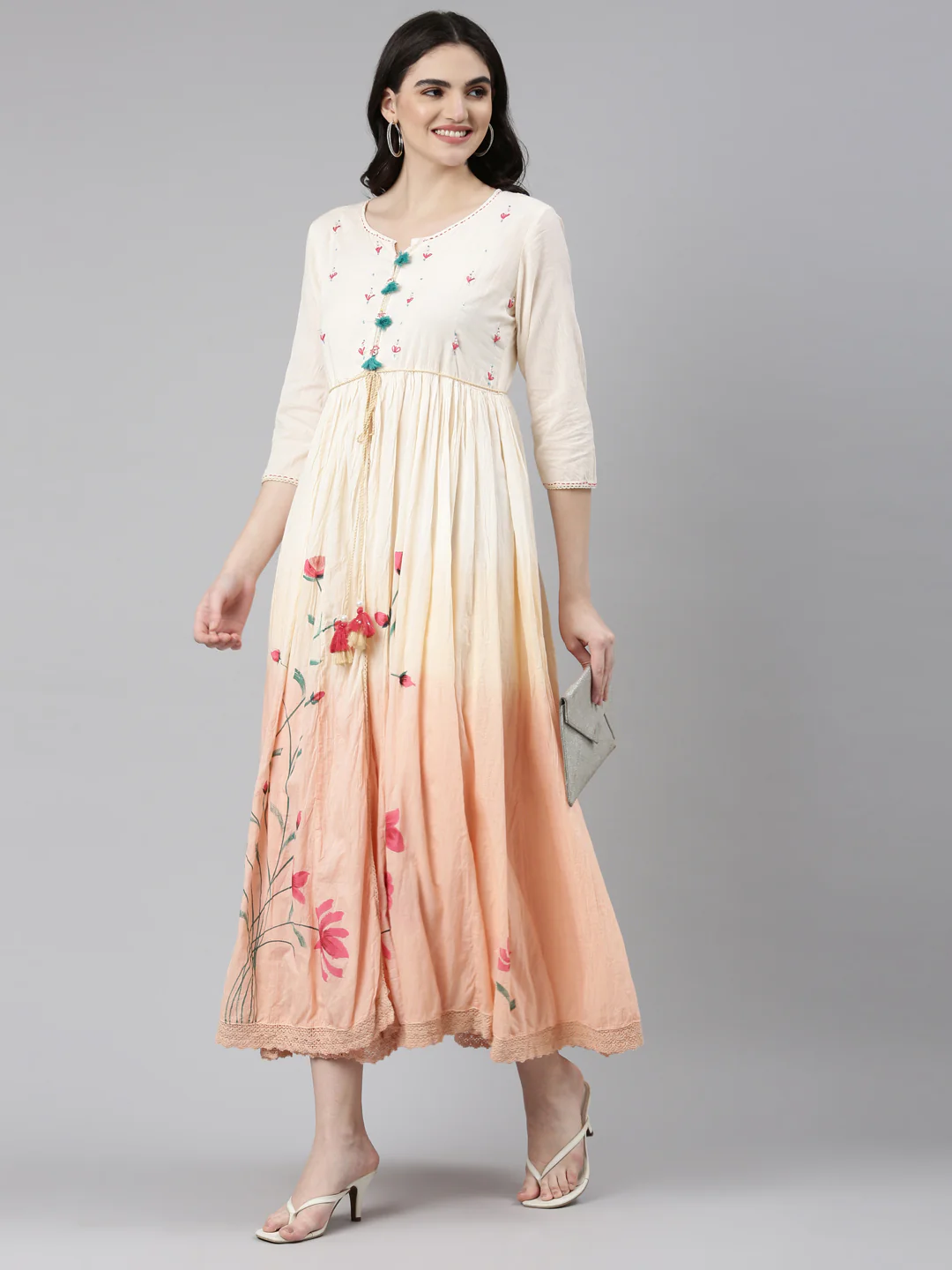 Neerus Peach Straight Casual Printed Gown - Image 5