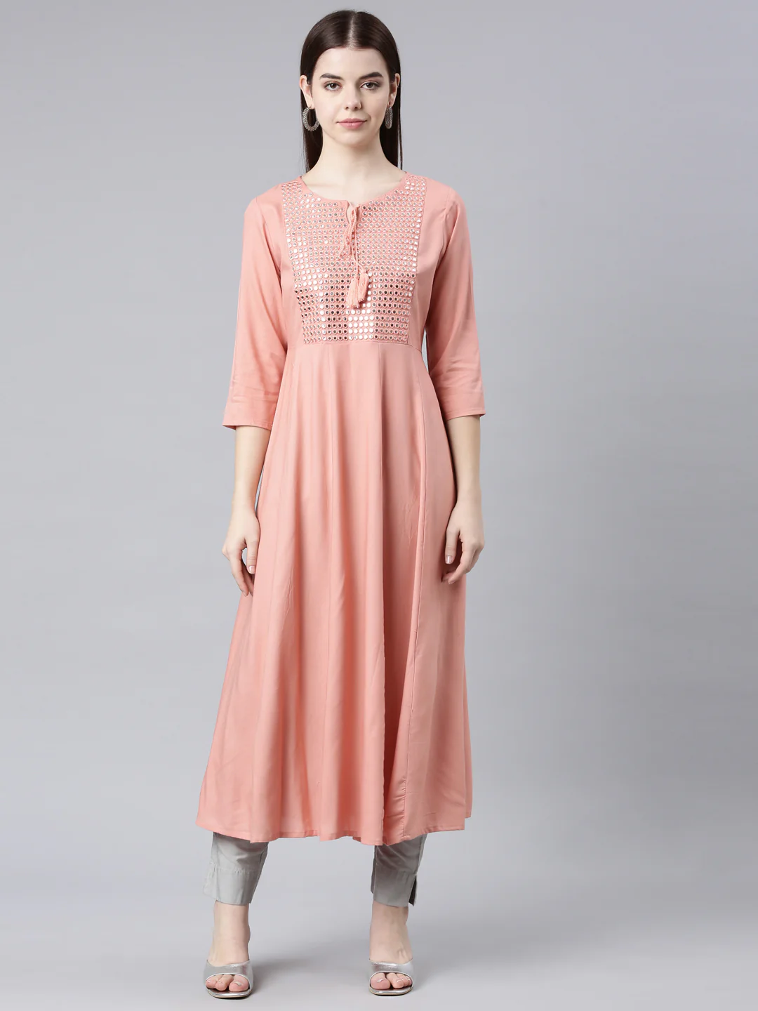 Neerus Peach Straight Casual Solid Anarkali Kurta