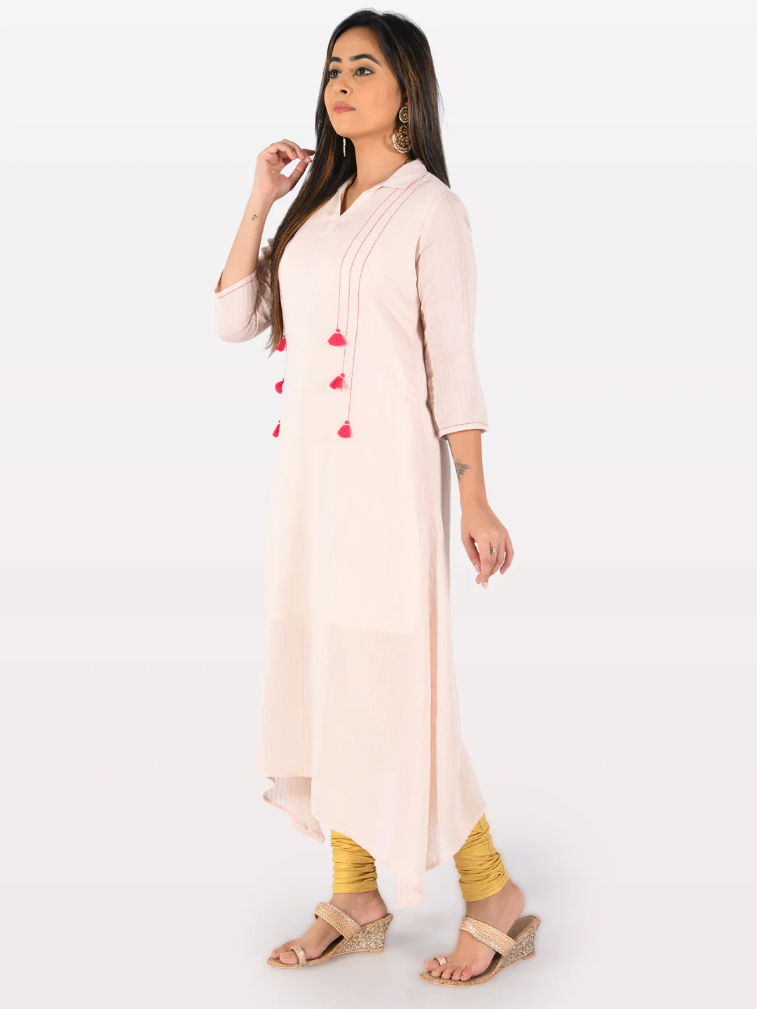 Neerus Peach Striped High Low Kurta