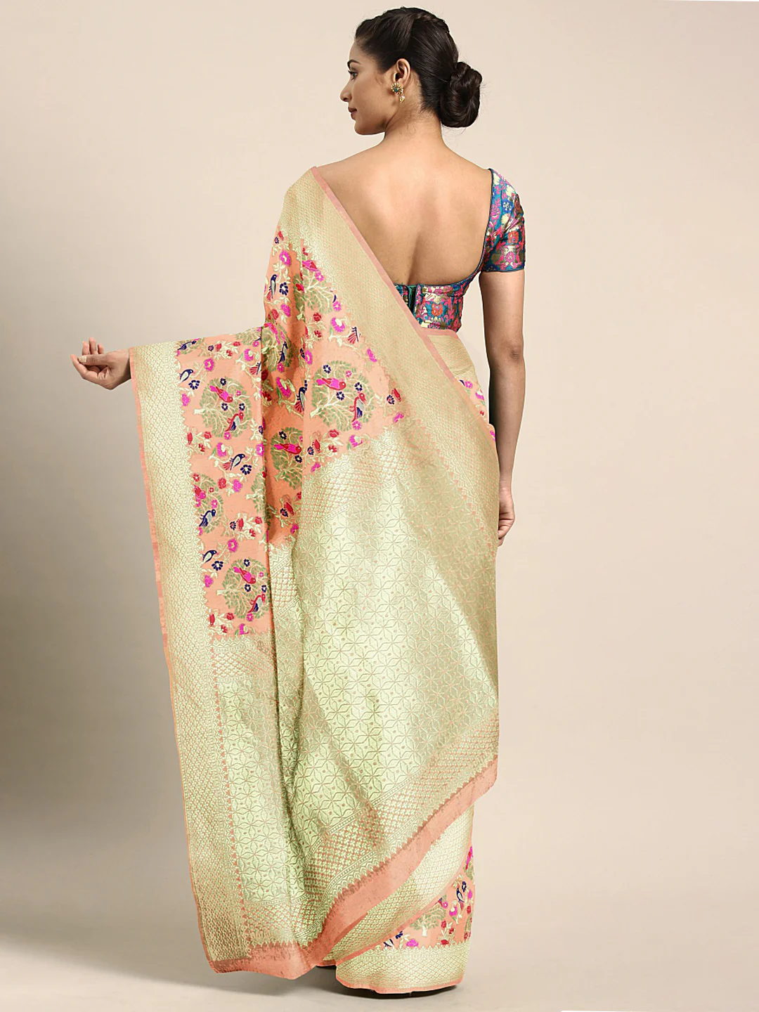 Neerus Peach Textured Saree With Blouse - Image 2