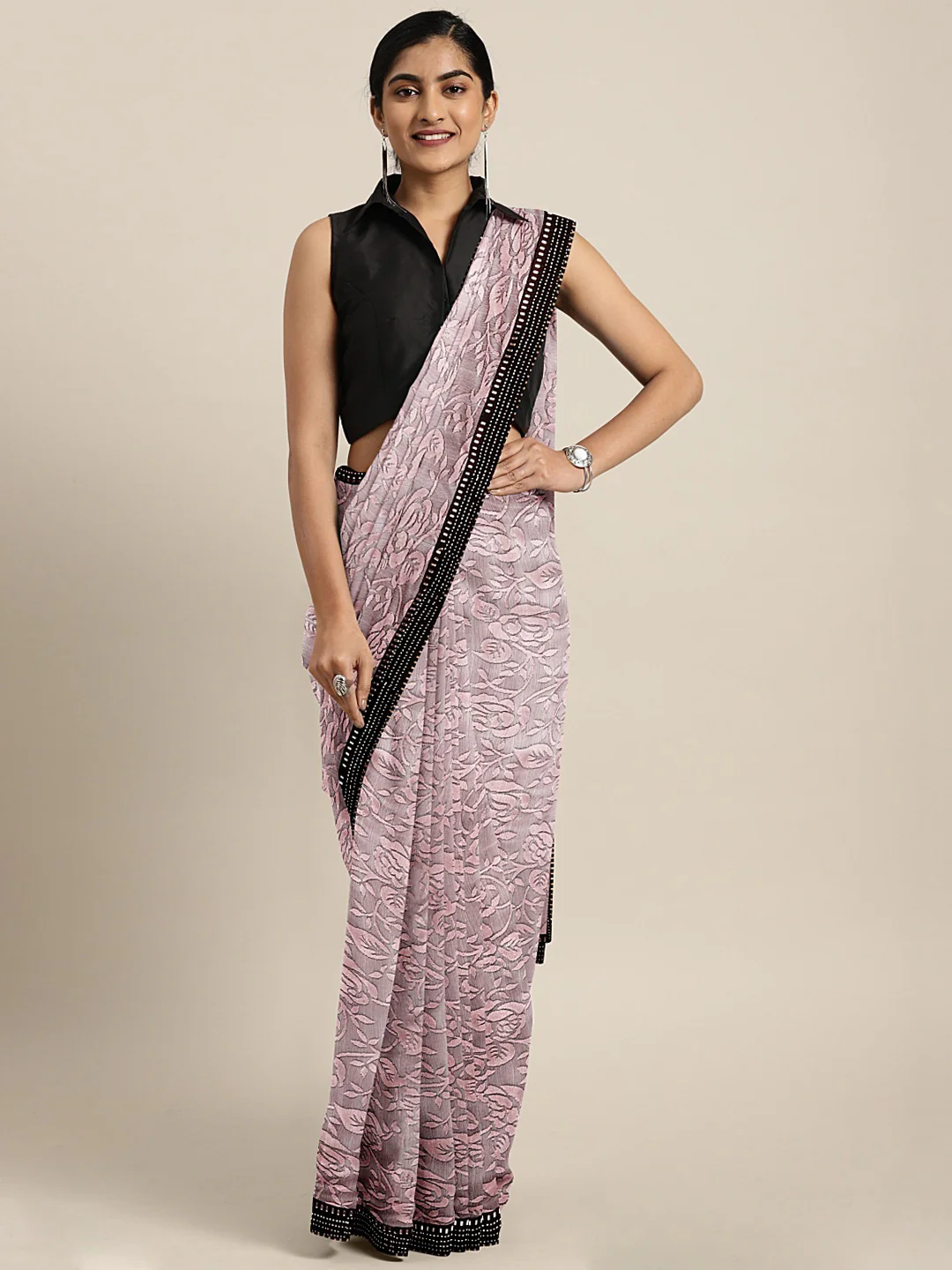 Neerus Peach Textured Saree With Blouse
