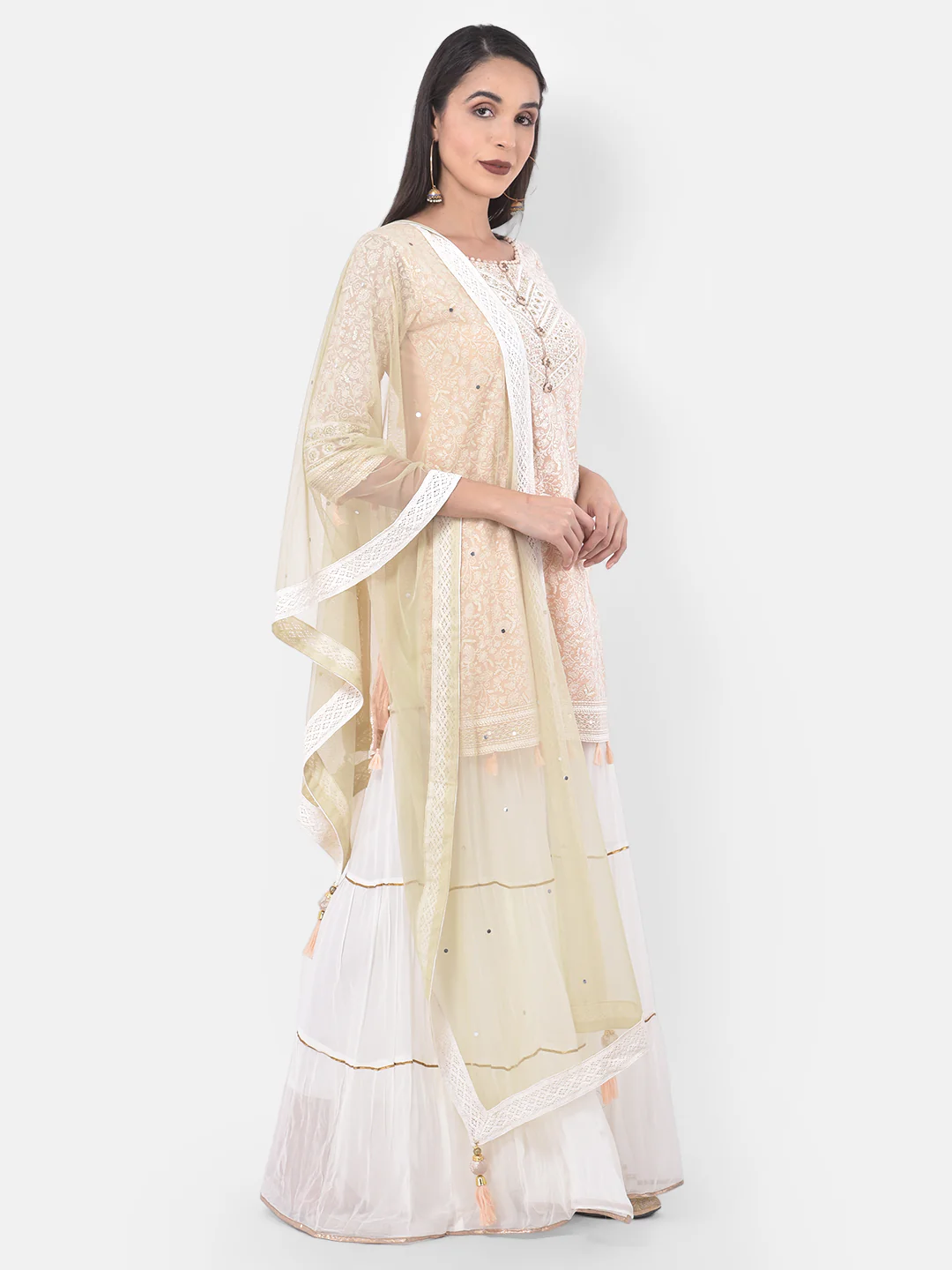 Neerus Peach & White Embroidered Kurta With Sharara & Dupatta