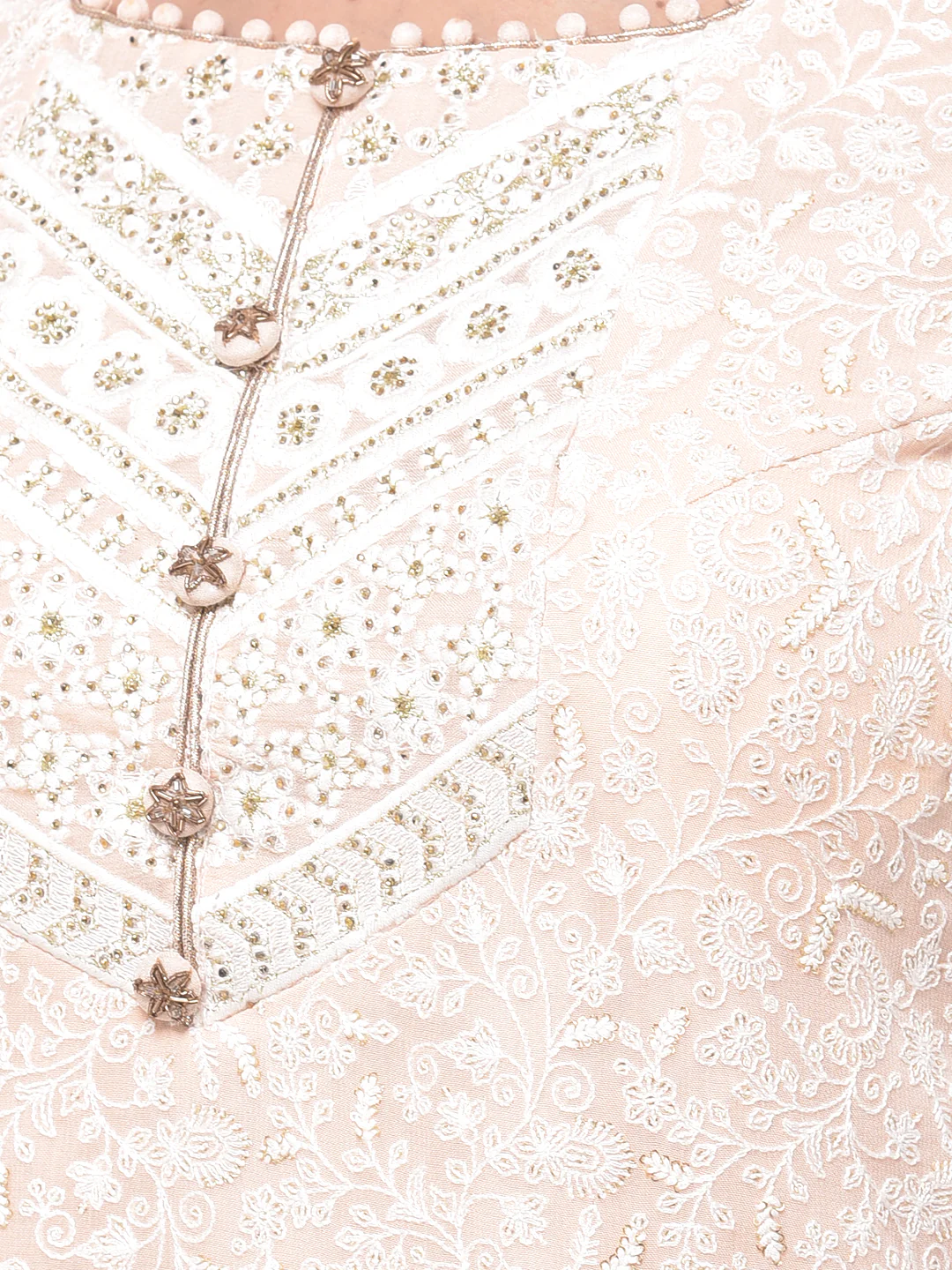 Neerus Peach & White Embroidered Kurta With Sharara & Dupatta - Image 3