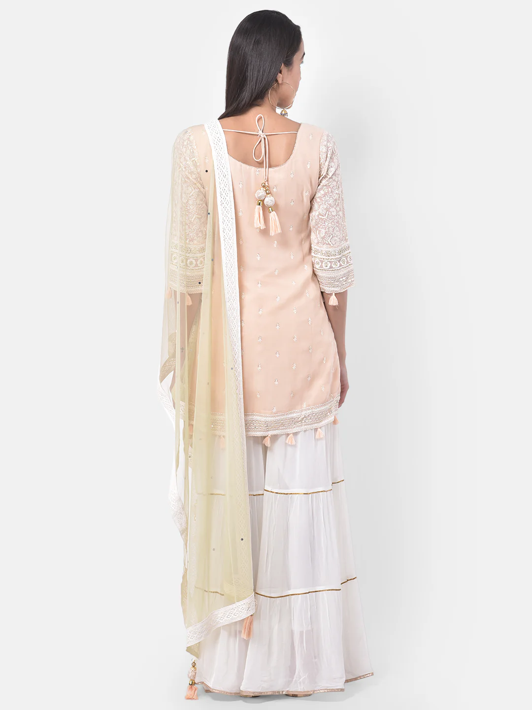 Neerus Peach & White Embroidered Kurta With Sharara & Dupatta - Image 6