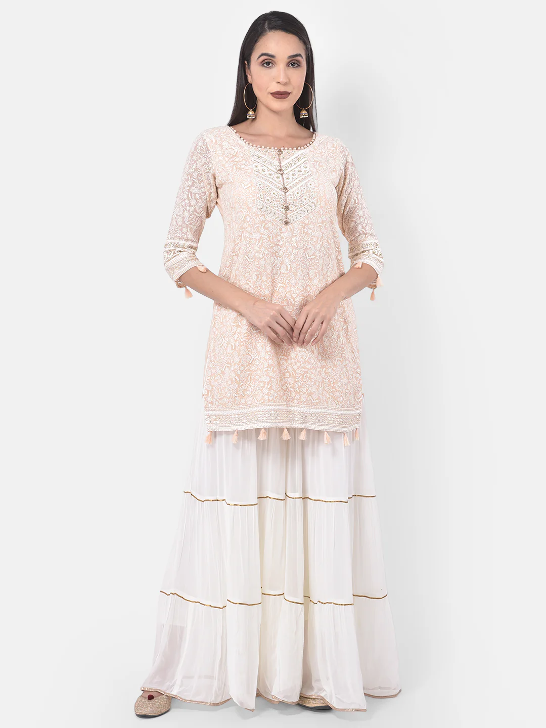 Neerus Peach & White Embroidered Kurta With Sharara & Dupatta - Image 7