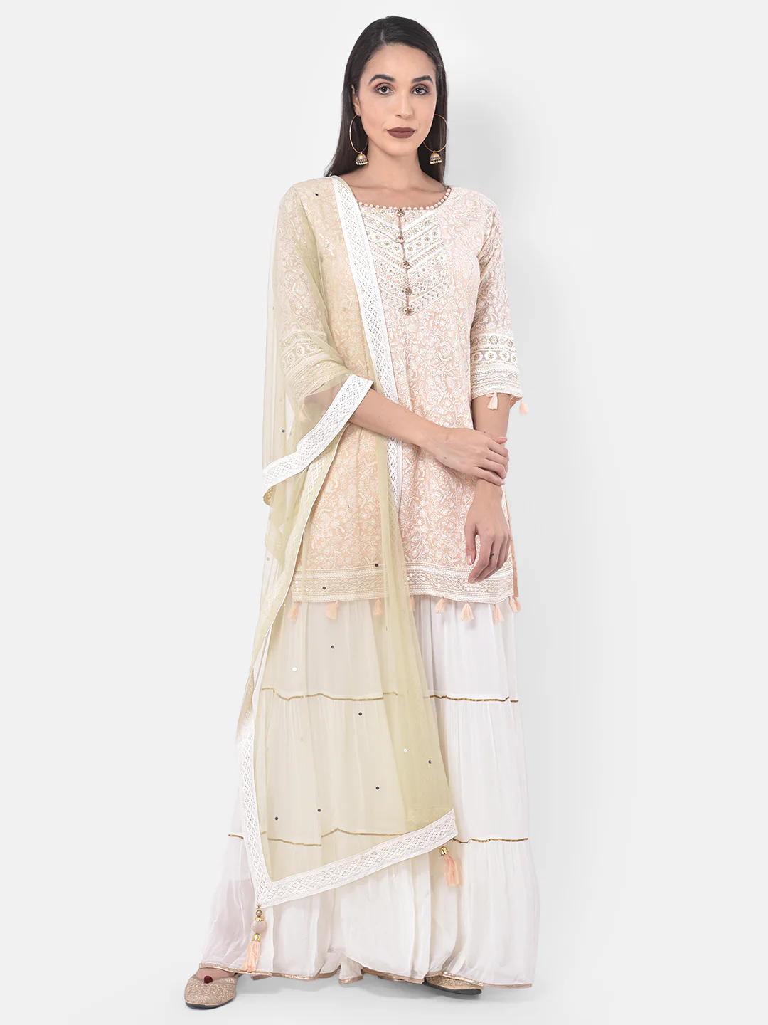 Neerus Peach & White Embroidered Kurta With Sharara & Dupatta - Image 8