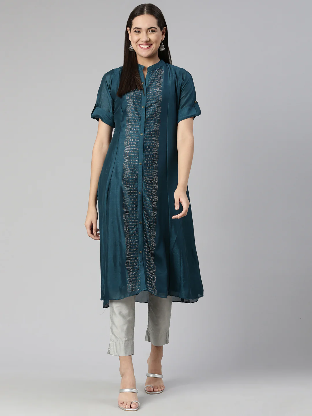 Neerus Peacock Anarkali Straight Crepe Kurta