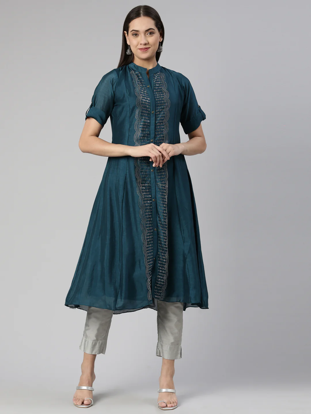 Neerus Peacock Anarkali Straight Crepe Kurta - Image 7