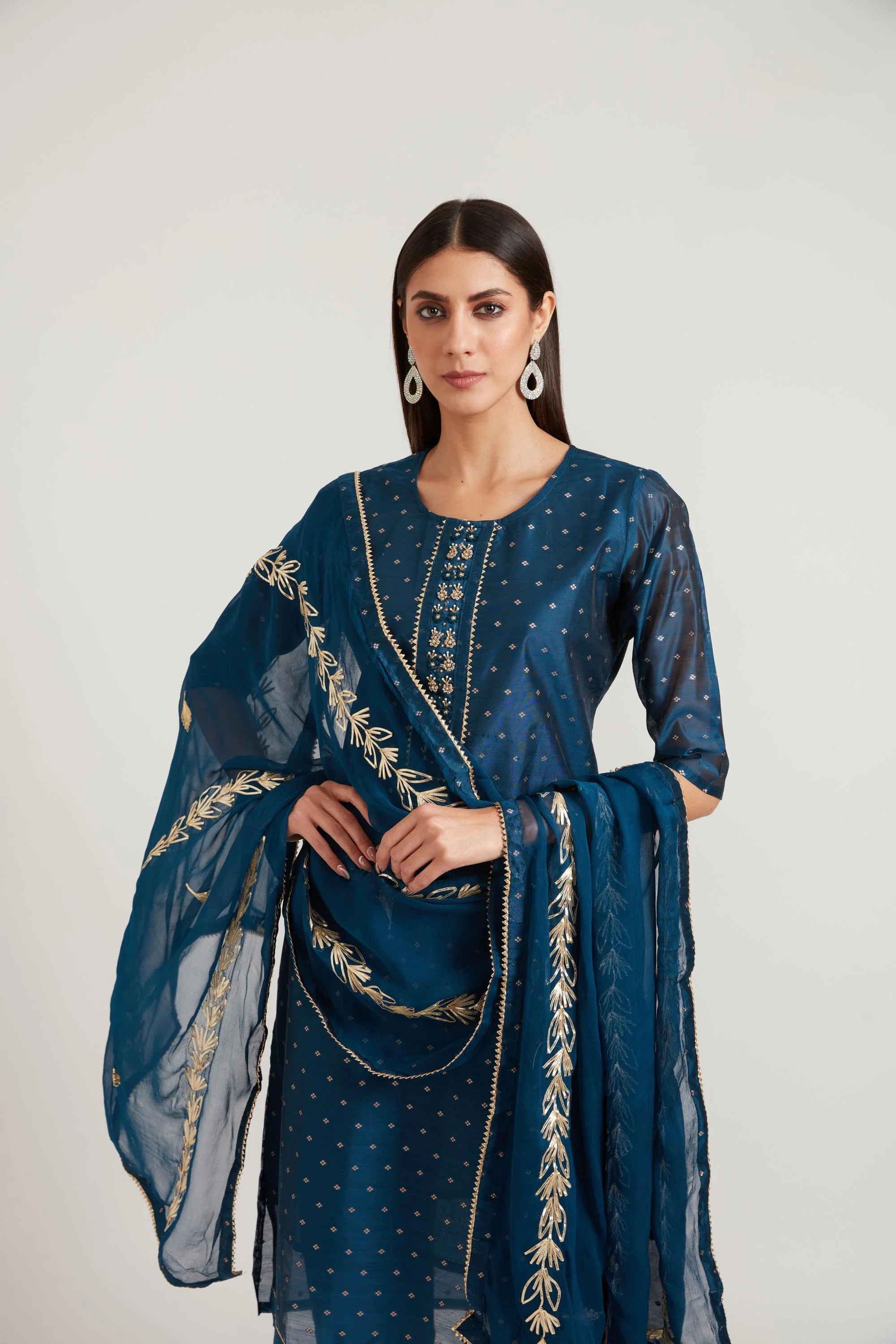 Neerus Peacock Color Chanderi Fabric Suit Set
