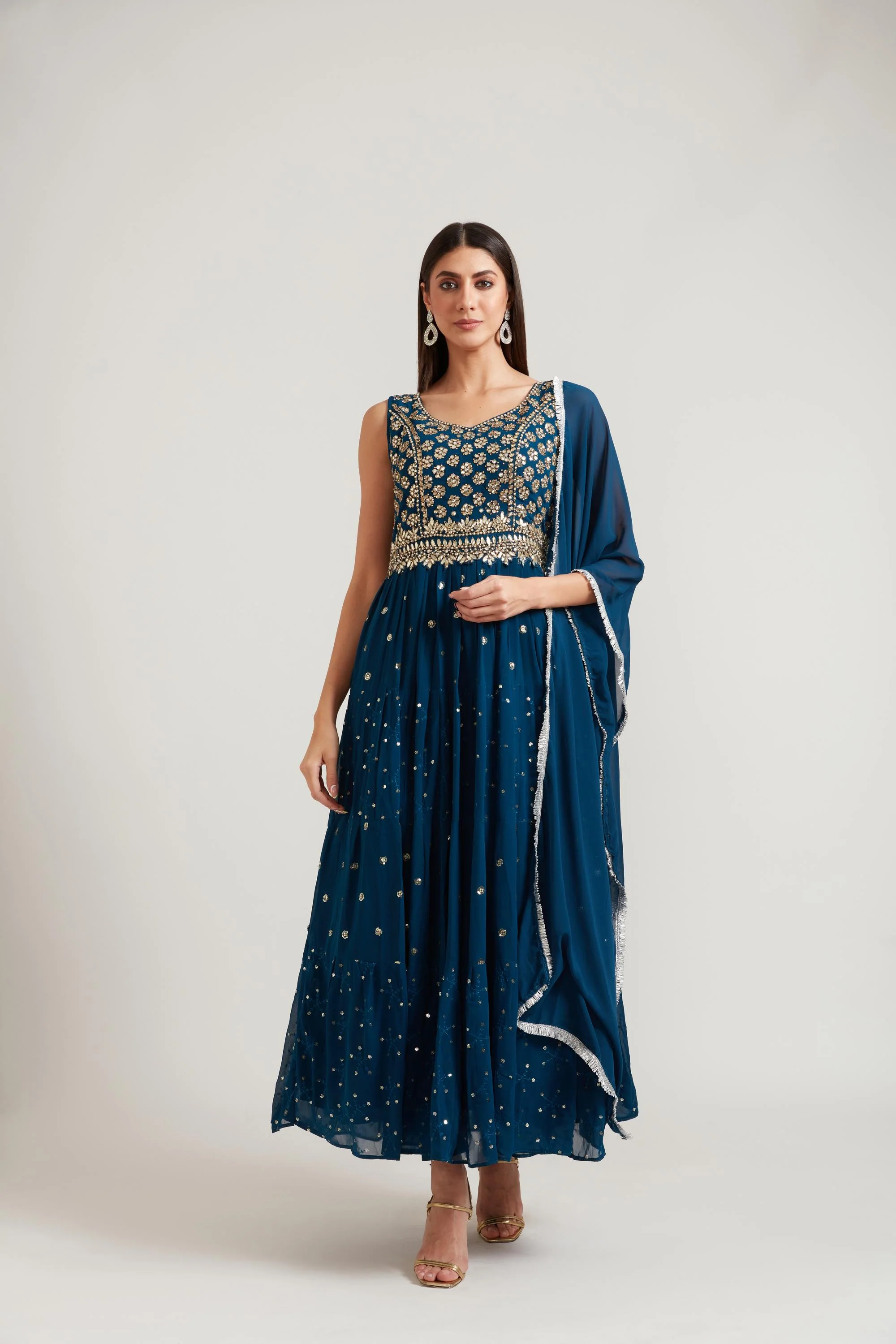 Neerus Peacock Color Georgette Fabric Anarkali Suit