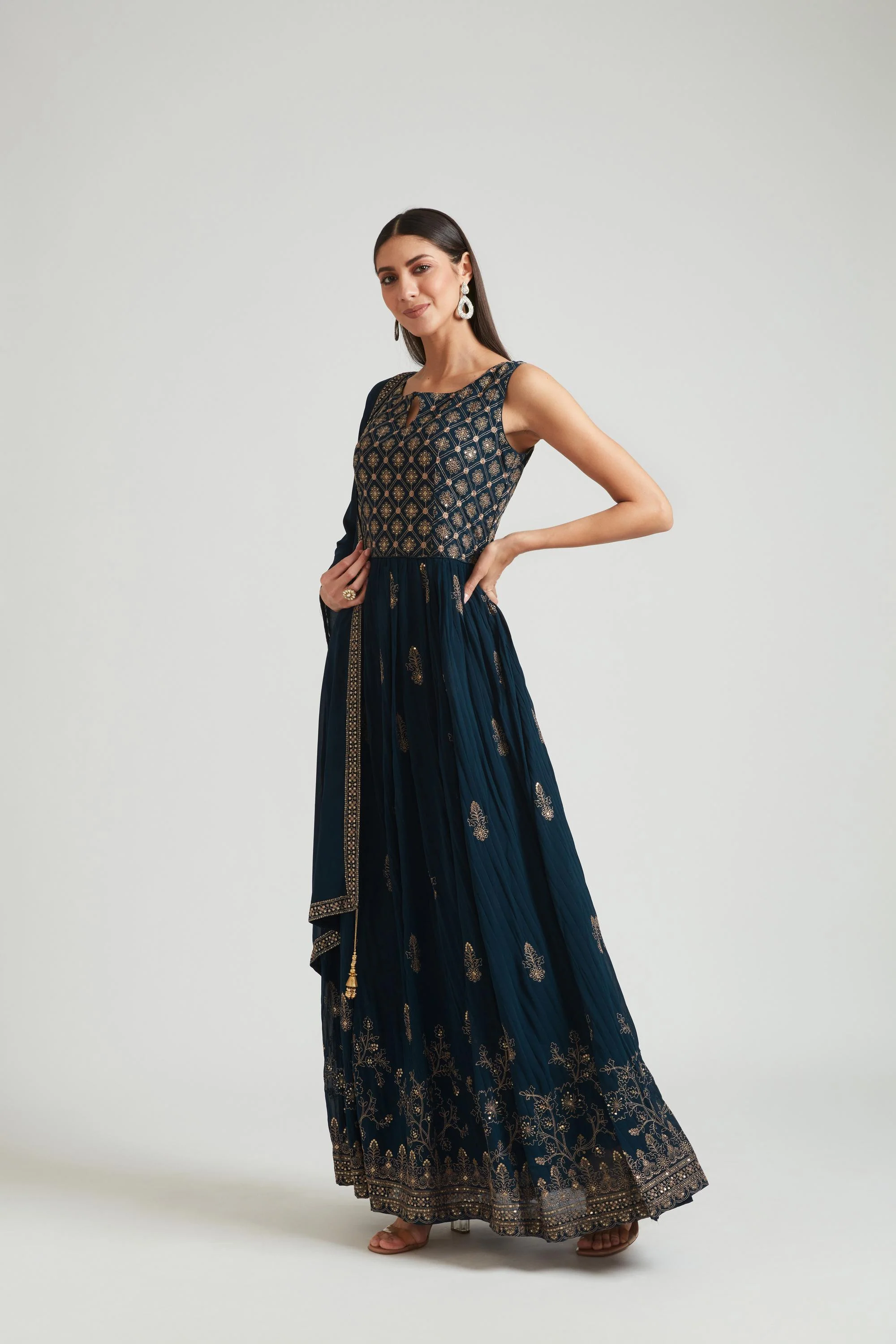 Neerus Peacock Color Georgette Fabric Gown - Image 2