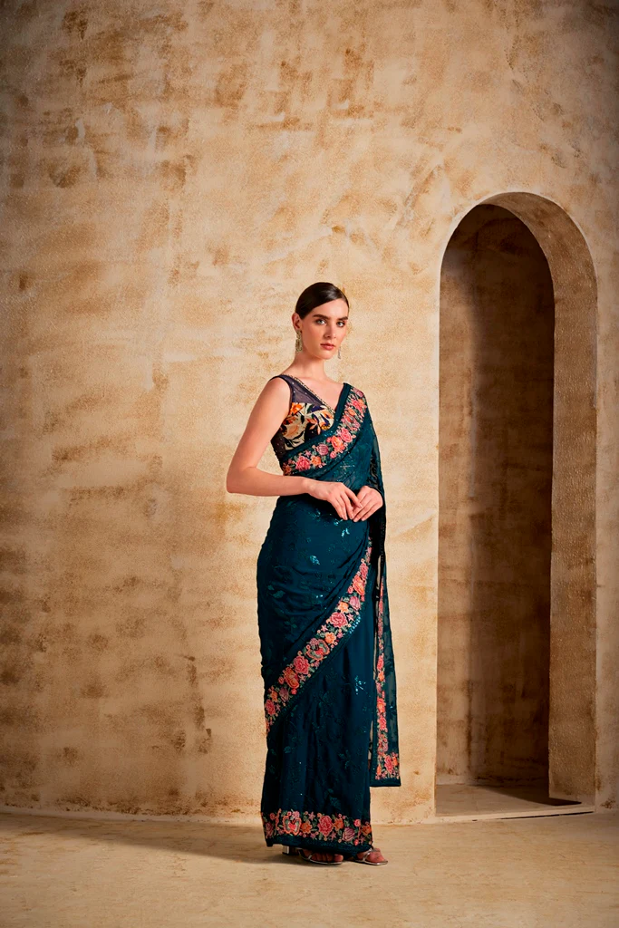 Neerus Peacock Color Georgette Fabric Saree - Image 2