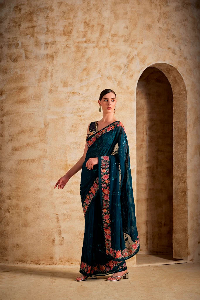 Neerus Peacock Color Georgette Fabric Saree - Image 3