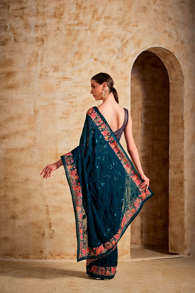 Neerus Peacock Color Georgette Fabric Saree - Image 4
