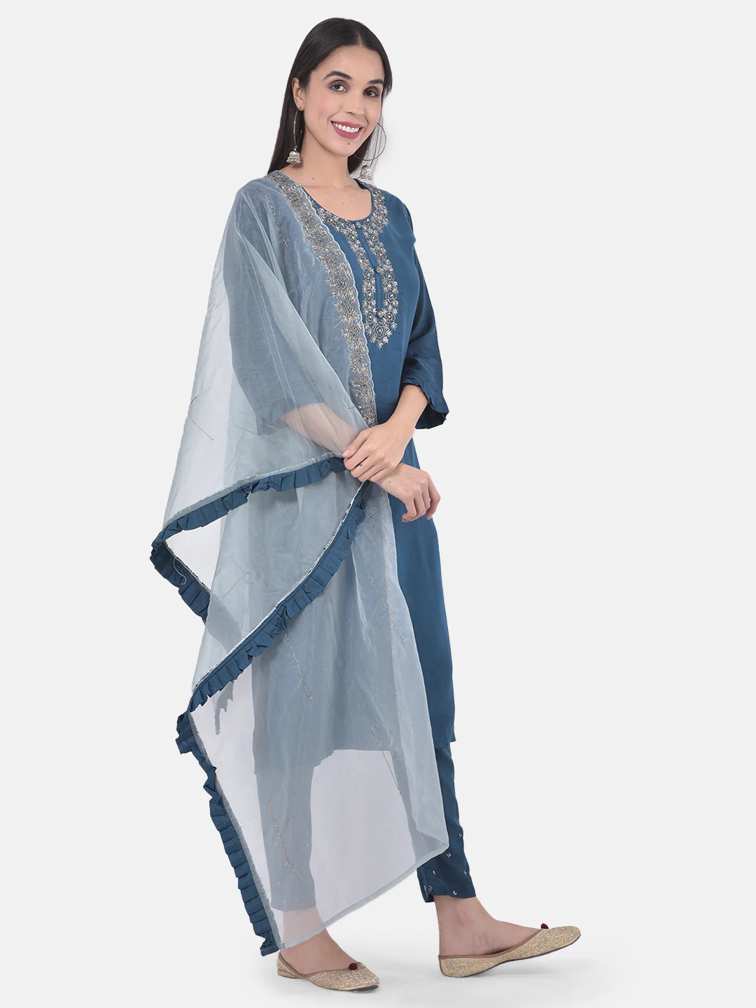 Neerus Peacock Color Muslin Fabric Suit-Pant