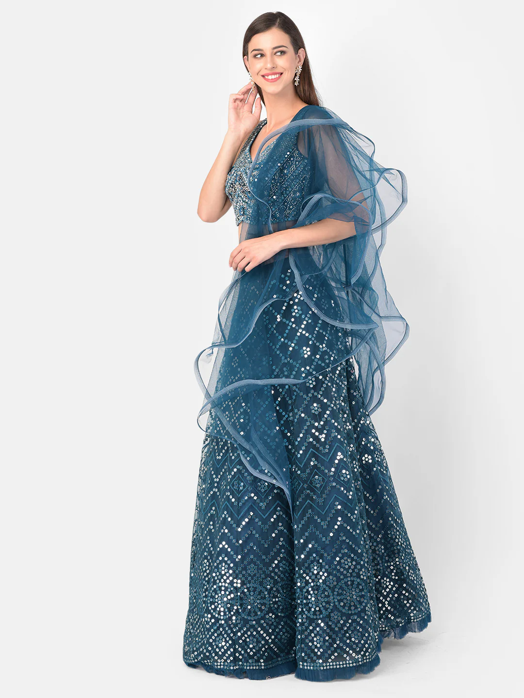 Neerus Peacock Color Nett Fabric Ghagra Set