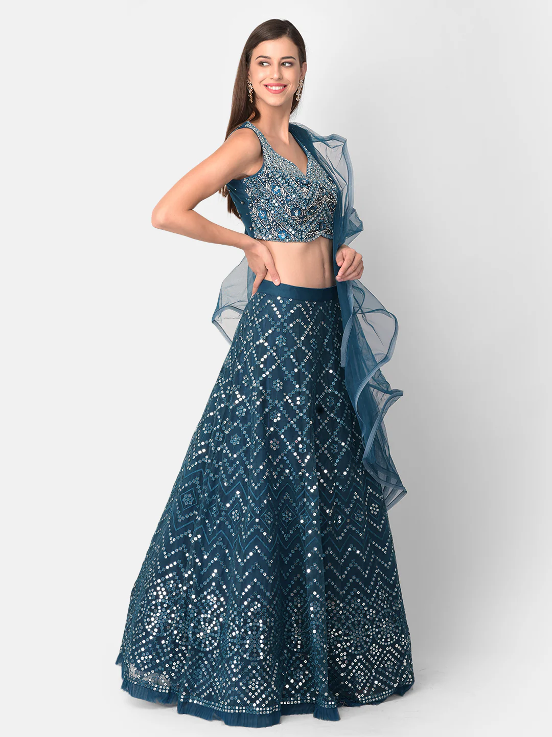 Neerus Peacock Color Nett Fabric Ghagra Set - Image 2