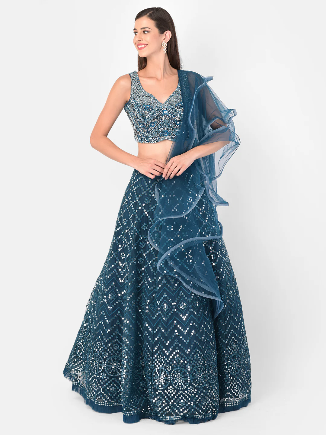 Neerus Peacock Color Nett Fabric Ghagra Set - Image 8