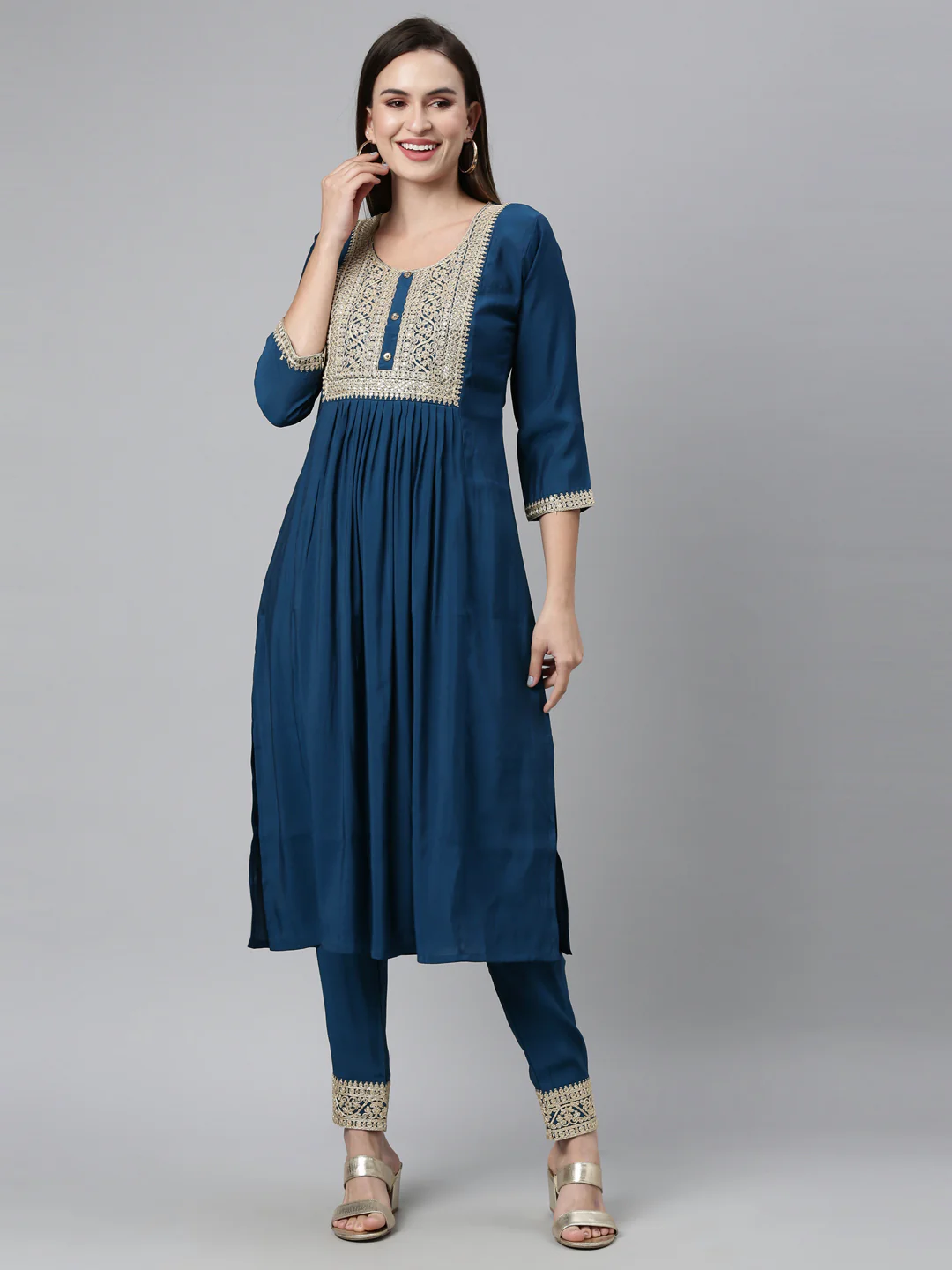 Neerus Peacock Color Shantoon Fabric Kurta Sets - Image 9