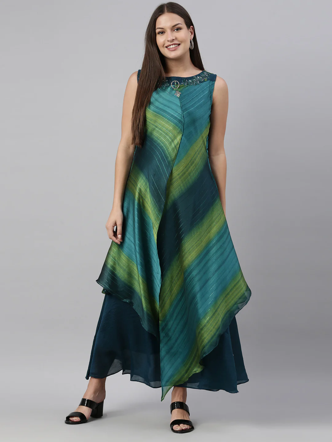 Neerus Peacock Color Silk Fabric Kurta - Image 6