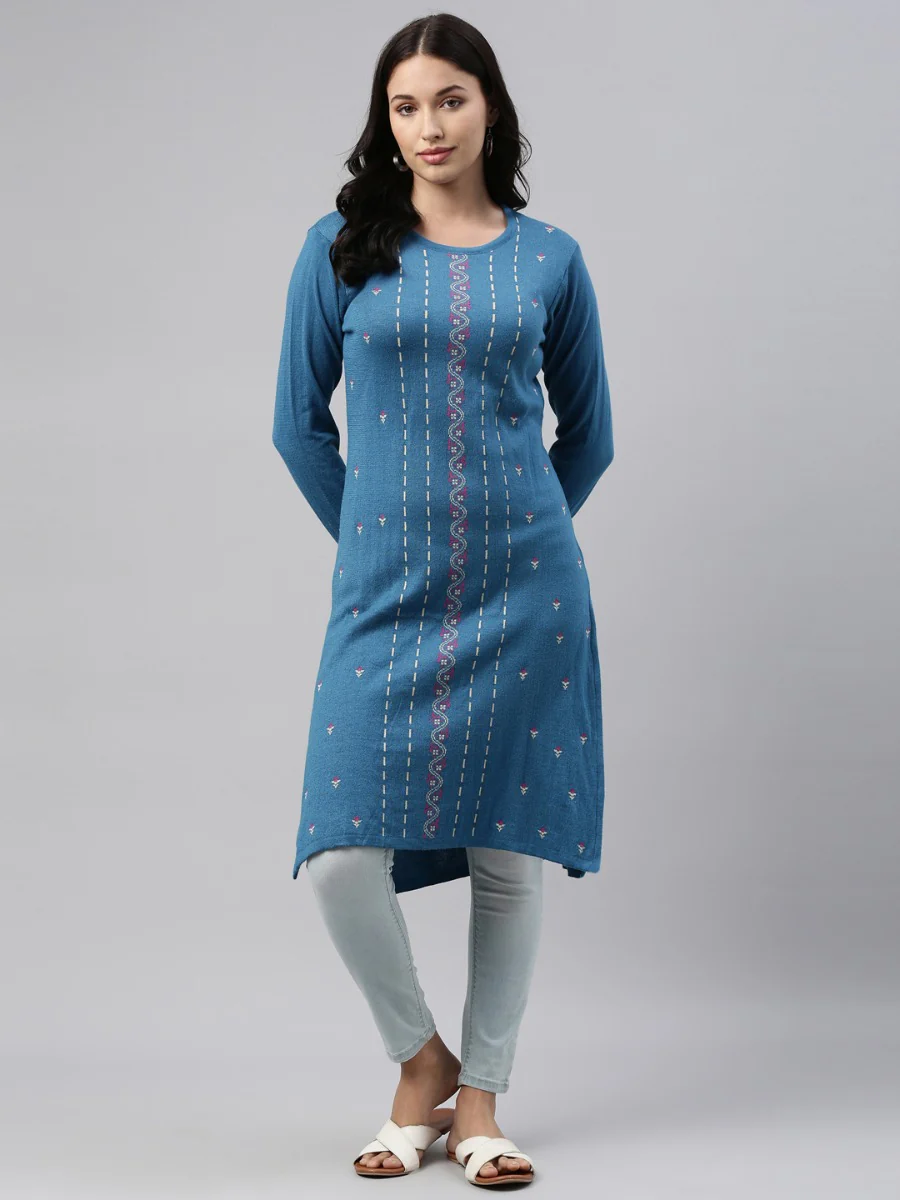 Neerus Peacock Color Winter Wear Kurtha - Image 2