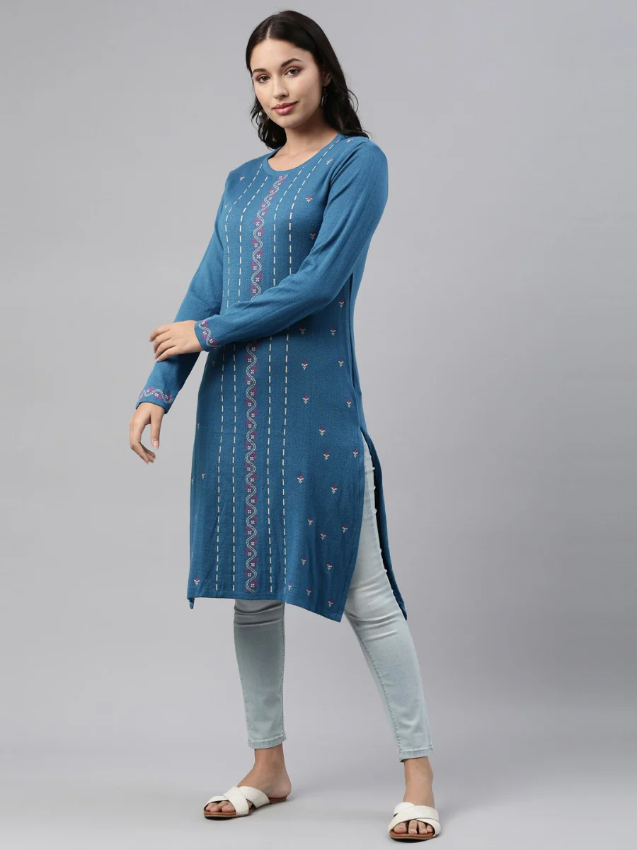 Neerus Peacock Color Winter Wear Kurtha - Image 7