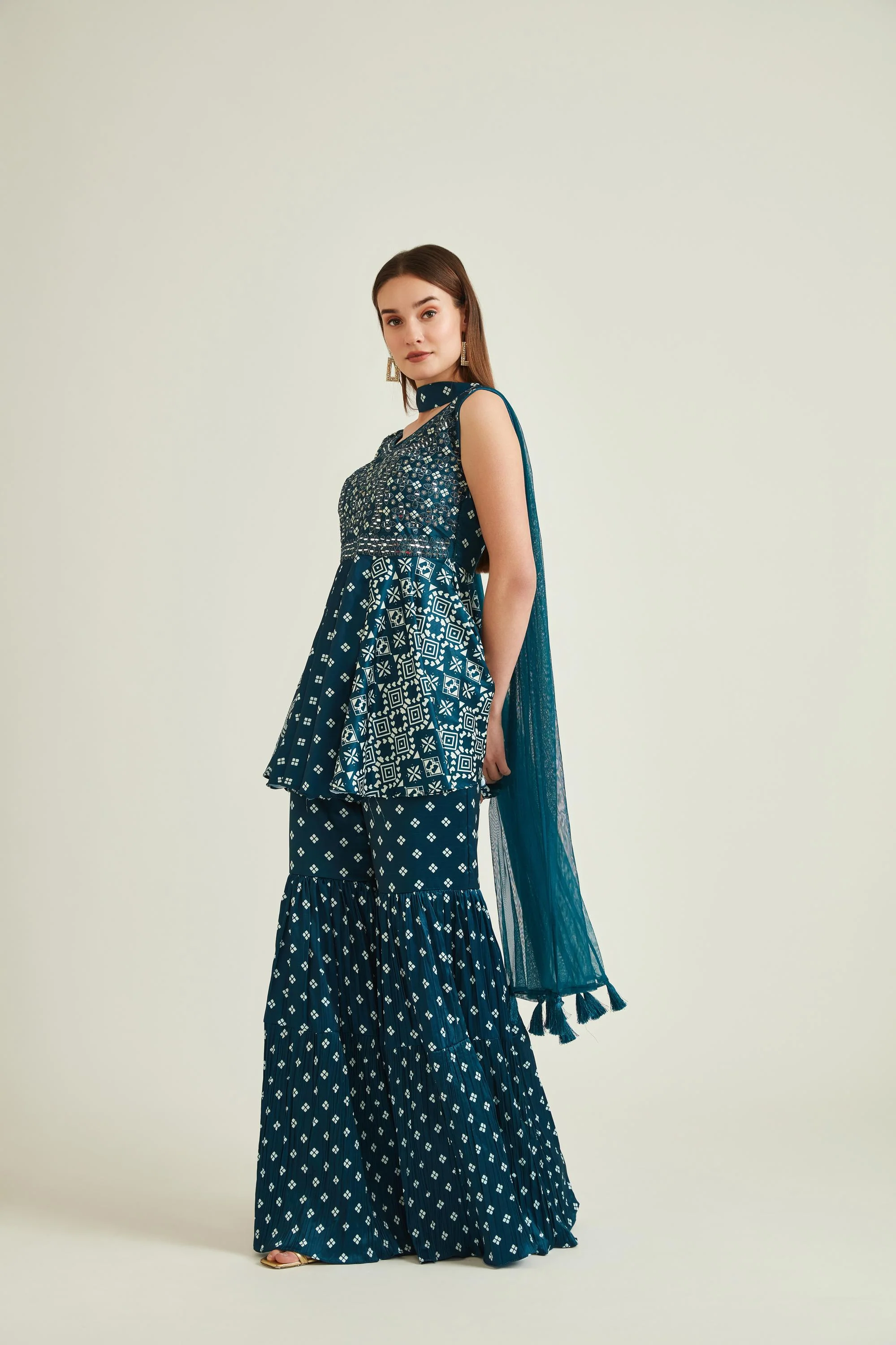 Neerus Peacock Colour Satin Fabric Suit