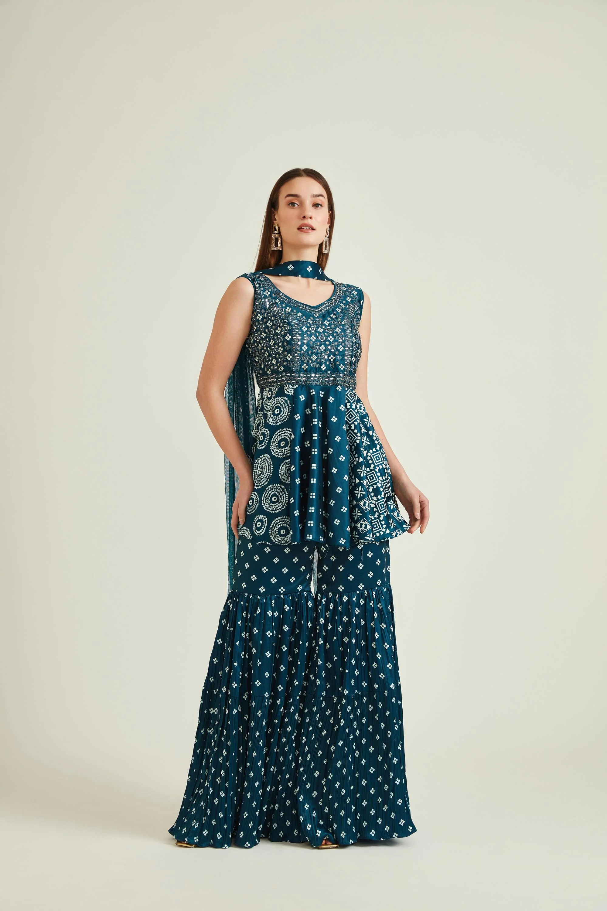 Neerus Peacock Colour Satin Fabric Suit - Image 3
