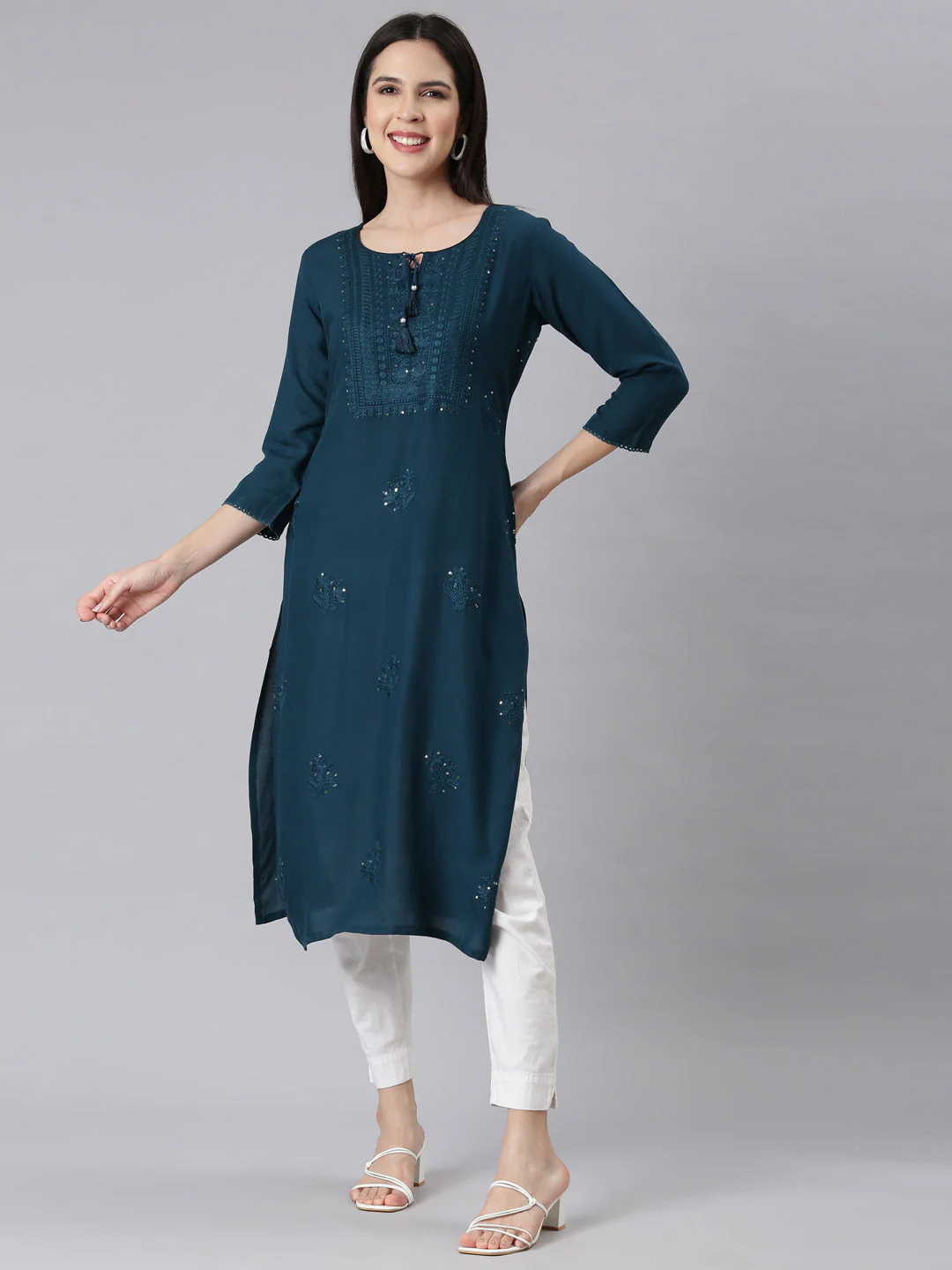 Neerus Peacock Panelled Straight Embellished Kurta