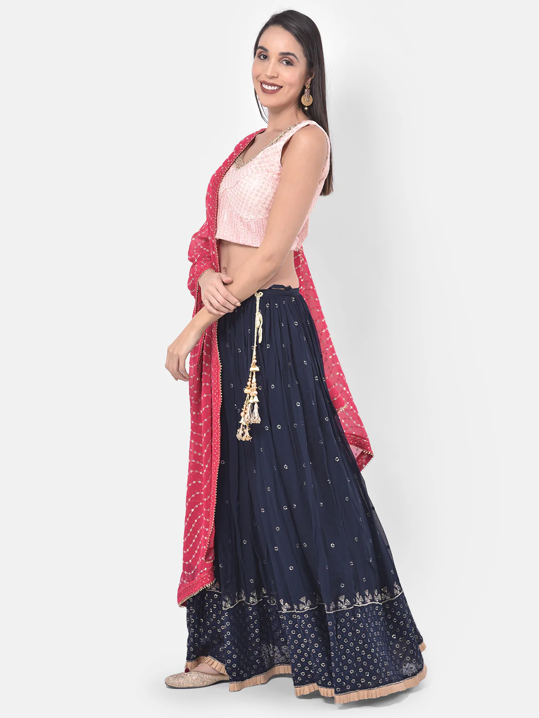 Neerus Pink & Blue Embellished Lehenga Set - Image 3