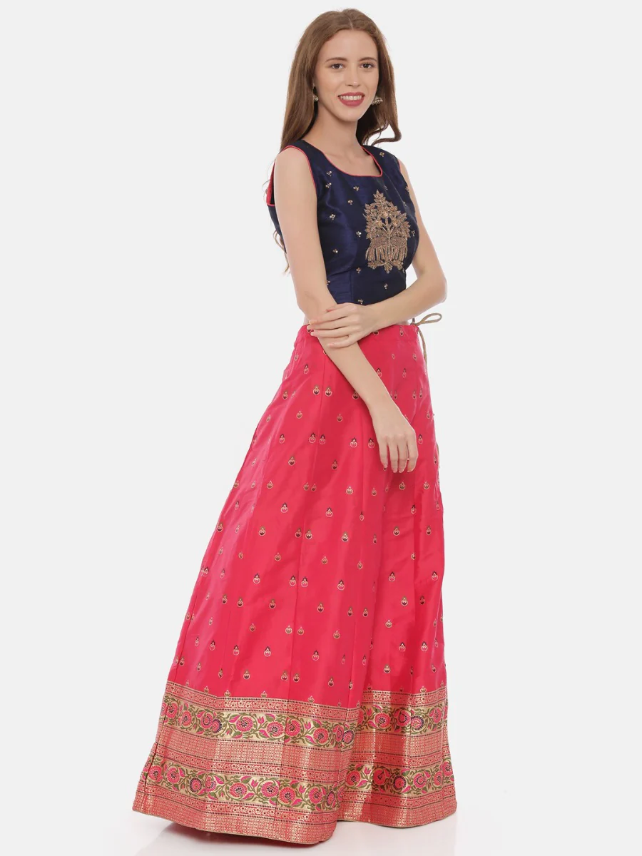 Neerus Pink & Blue Embellished Lehenga Set - Image 3